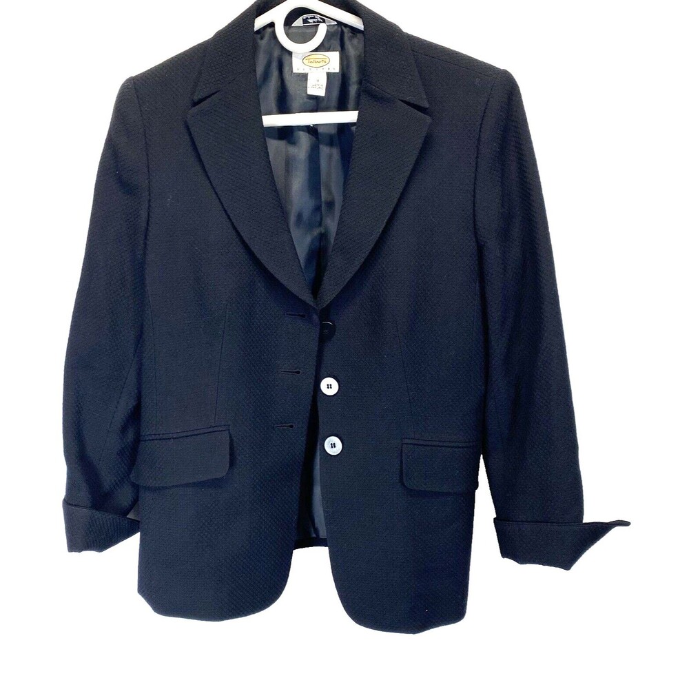 Talbots Petites Women's Size 8 Black Textured Wool 3 Button Blazer 3/4 Sleeve